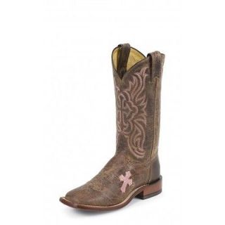   Tony Lama TC1005L Tan & Pink Cross Inlay Square Toe Cowgirl Boots