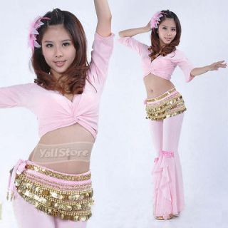 Comfortable Belly Dance Yoga Dancing Costume Top + Pants Cotton Pink