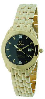 Elgin FG053 Mens Gold Tone Diamond Watch with Black Dial in Gift Box