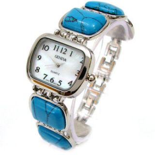 Newly listed TURQUOISE GEM STYLE MOP DIAL GENEVA SILVER BRACELET WOMEN 