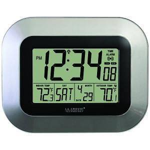 LA CROSSE DIGITAL ATOMIC WALL CLOCK SILVER IN and REMOTE OUT TEMP NEW 