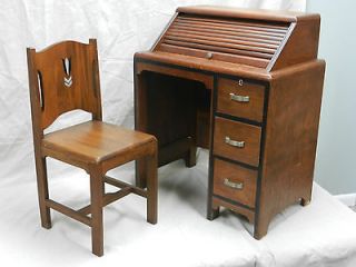 Childs Wood Roll Top Desk & Chair Art Deco Moderne