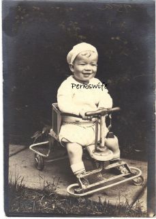 Baby Boy on Old Metal Walker Tricycle Toy Antique Vintage Photograph