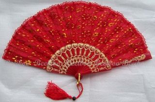 Spanish Red Golden Rose Lace Hand Fan Wedding Dancing Party for Women 