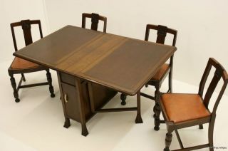 English Antique Art Deco Drop Leaf 1940s Oak Dining Table & Chairs