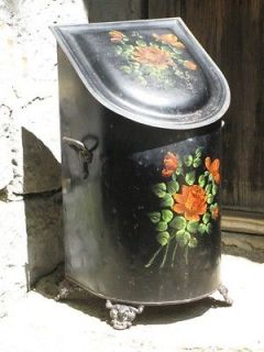 Antique Victorian Coal Hod Toleware Removable Bucket Handpainted Roses