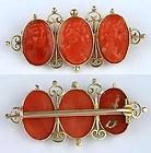   1880s Etruscan Victorian 14 Karat Gold & Coral 3 Cameo Brooch Pin