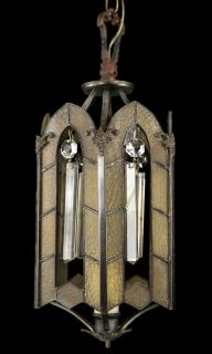 Antique Brass Glass Lantern Slag Stained Bronze Gold Crystal Tudor 