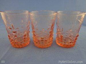 Set of three pink glass pebbled Depression Juice Glasses Depression 