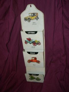 Vintage Metal / Tin Lithographed Letter/Mail Sorter/Keeper w/ Old Cars 