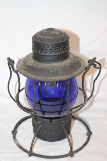 Vintage 1920s Armspear Lantern Erie Rail Road Tall Blue Cast Globe