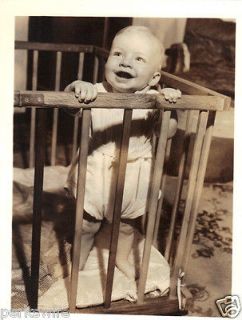 Baby Boy in Old Wooden Playpen Vintage Snapshot Photograph