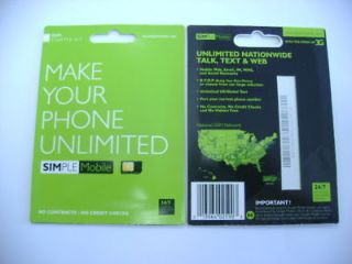 LOT 5 NEW SIMPLE MOBILE STARTER KIT SIM CARD UNLIMITED