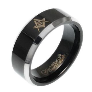 Tungsten Carbide Black Masonic Symbol Freemasons Band Ring Size 8 15