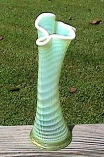 Opalescent Vaseline Ribbed Spiral Swung Vase