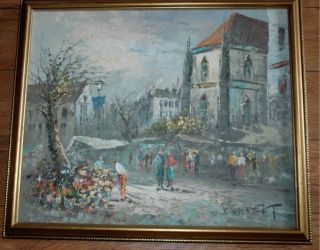   French Impressionist Flower Market Street Scene Oil Painting Burnett