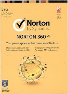 Norton 360 6.0 V6 3 PCs 1 Year Retail All In One AntiVirus Internet 
