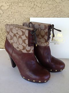 NEW Coach Ediva Lace Up Ankle Boots Brown Leather/Jacquard Signature 