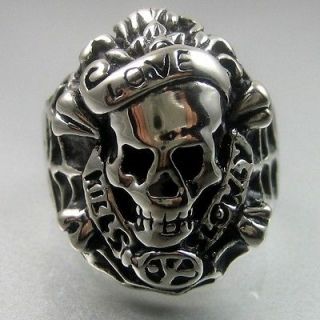 Heavy Biker Black Silver Love Kills Slowly Stainless Steel Skull Ring 
