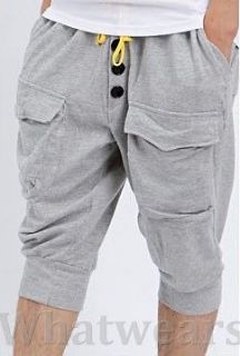 Mens Casual Harem Capri Pants Pocket Button Designed 4 Size Light Gray 