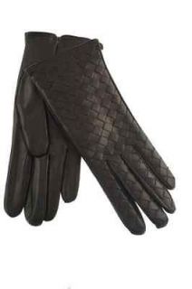 Designer NEW Brown Cashmere Lined Classic Length Woven Leather Gloves 