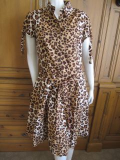 Moschino leopard cotton belted dress with ties at sleeves Sz 44 US 12