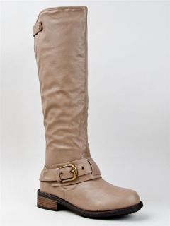NEW QUPID Women Basic Casual Knee High Buckle Riding Boot beige sz 