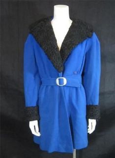 Vtg 50s Cobalt Blue Fit n Flare Persian Curly Lamb Princess Coat Belt 