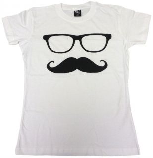 GLASSES MOUSTACHE Ladies T Shirt 8 18 White Funny Printed Joke Geek 