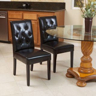 Set of 2 Elegant Black Leather Dining Room Chairs With Tufted Backrest