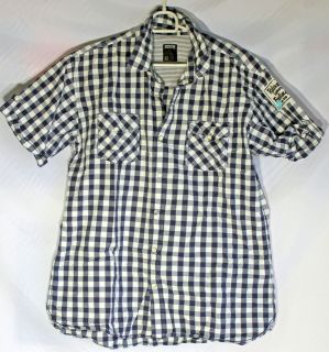 Smog Mens Casual White Blue Geometric Navy Shirt Size L Small defect 