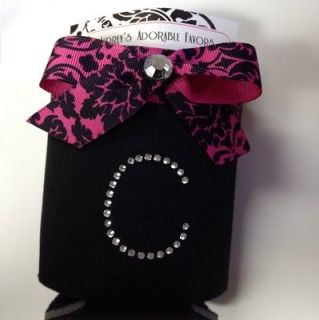   Damask Ribbon Any Letter Monogrammed Rhinestone Letter Black Koozie