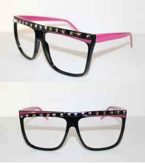   Rock LMFAO Flat Top Large Frame Nerd No Lens Glasses Geek Pink Black