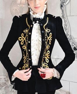   lady long sleeve golden embroidery black slim jacket outerwear coat