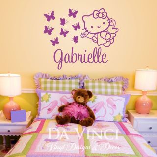 Personalized Hello Kitty Fairy Butterflies Name Vinyl Wall Decal 