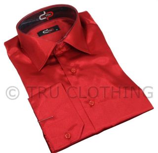 Mens Italian Design Red Silk Satin Finish Shirt Smart Slim Fit