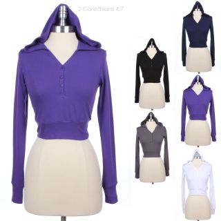 Long Sleeve Half Button Solid V Neck Hooded Cotton Cropped Sweater 