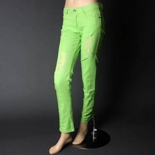 New Lime Green Skinny Distressed Denim Ripped Rips Womens Slim Jean 