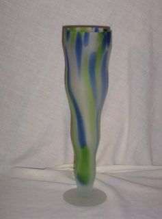 VINTAGE TALL ART GLASS VASE SMOKED GLASS with BLUE & GREEN