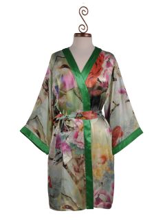 100% Silk, Womens Short Robe with Kimono Collar Zhegu