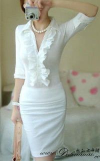 NWT sexy office lady WHITE wear to work long sleeve flounce lace 