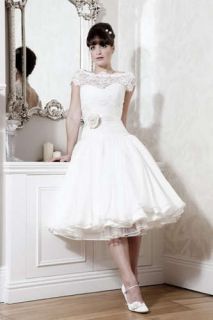 Tea length Short Sleeves Lace Puffy Wedding dress Bridal Gown Size 