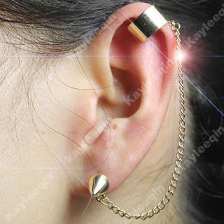Fab Black Spike Stud Rivet Drop Chain Link Ear Cuff Clip Earrings Goth 