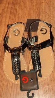   Sandals,Size 7 1/2 ,BLACK, Sliver Tone Guess Logo, Braided T Strap