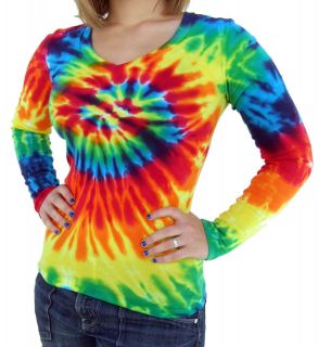 Ladies V Neck Tie Dye Long Sleeve Rainbow Spiral Fitted T Shirt