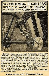 1899 Ad Antique Pope Columbia Chainless Bikes Bicycles Hartford 