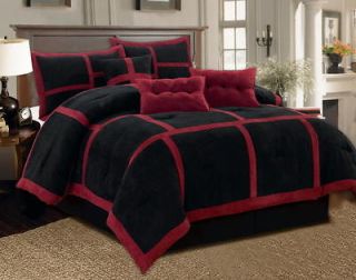 PC Comforter Set Black Red Micro Suede Patchwork Cal King Size Bed 