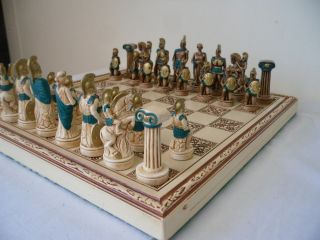 VINTAGE GREEK ALABASTER SPARTANS WARRIOR AND CHESS BOARD VERY NICE
