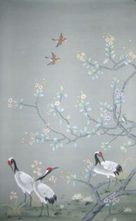 Chinoiserie Handpainted Silk Wallpaper Cranes Alight