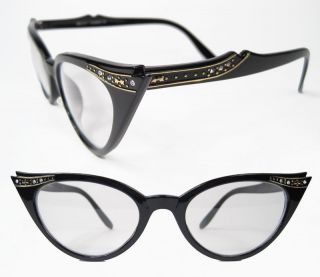   Rhinestone cat eye Vintage Style GLASSES sunglasses BLACK Clear Lenses